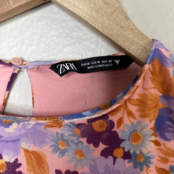 Zara Floral Ruched Bodycon Spring Cocktail Mid Sleeve Midi Dress Medium - Picture 5 of 9